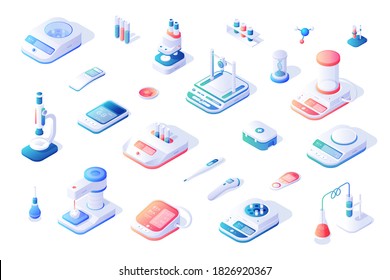 Vektorset mit dreidimensionalen Symbolen moderner biochemischer und medizinischer Ausrüstung für die Diagnose und Leitung von Tests einzeln auf weißem Hintergrund