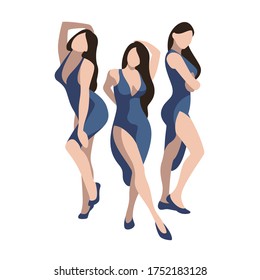 Vector set of three elegant ladies in blue dresses. Beautiful women in three different poses. Pretty female body isolated on white background. Fashion model poses. Confident and attractive brunettes.