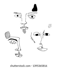 Vector set with three faces. Abstract linear silhouette of human face. Modern avant- garde poster. Trendy minimalistic face. One continuous line drawing.