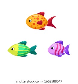 Vector set of three fish of different shapes and colors wth ornaments. Sea animals. Marine life. Sea creatures