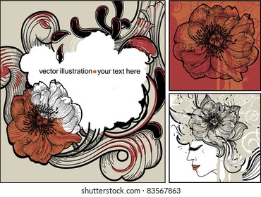 vector set of three floral cards with fantasy flowers and a portrait of a beautiful woman