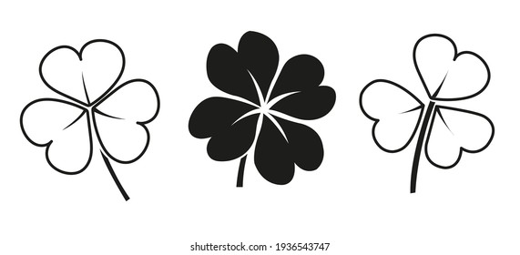 Vector Set of three and four leaves clovers - black icons on white background. Illustration isolated, easy to edit and ready to use icons. A collection in various drawings, paintings, pics.