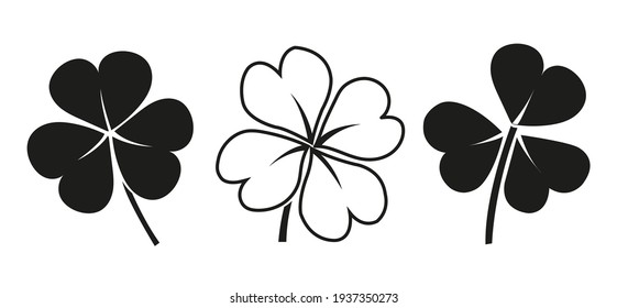 Vector Set of three and four leaves clovers - black icons on white background. Illustration isolated, easy to edit and ready to use icons. A collection in various drawings, paintings, pics.