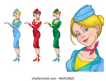 Vector set of three girls stewardess.