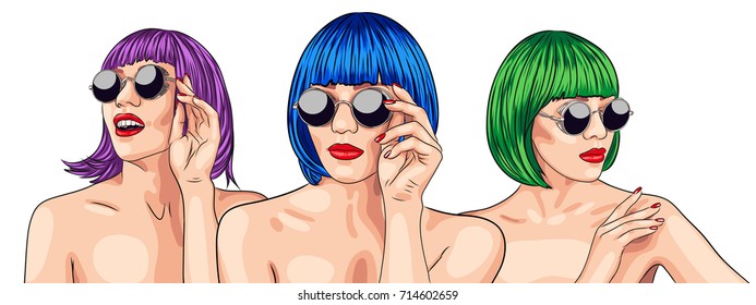 vector set of three girls wearing colorful wigs. EPS