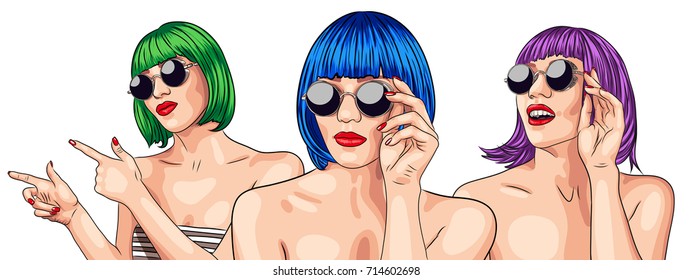 vector set of three girls wearing colorful wigs. EPS