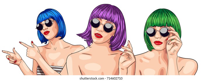 vector set of three girls wearing colorful wigs. EPS