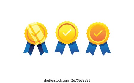 Vector conjunto de tres medallas de oro con cintas azules y marcas de verificación. Ideal para diseños relacionados con logros, garantía de calidad, certificación y premios. Perfecto para Sitios web, App y marketing