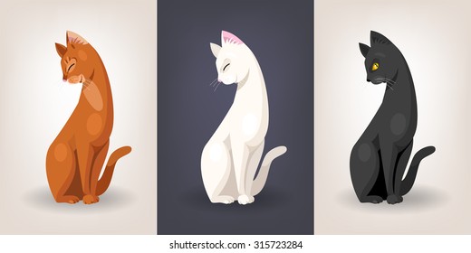 Vector set of three graceful cats sitting