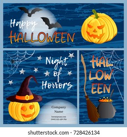 Vector set of three Halloween banners and cards. Traditional holiday symbols Jack o lantern, witch hat, broom, cauldron, bat, spider, web. Abstract scribble background. Place for your text.
