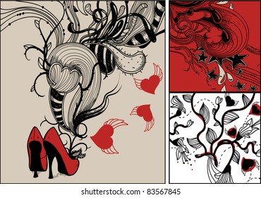 vector set of three hand drawn cards with fashion red shoes, hearts and abstract plants