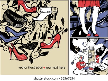 vector set of three hand drawn cards with fashion shoes,cosmetics and a girl in a red dress on an urban background