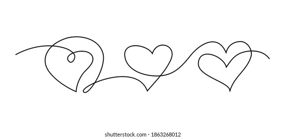Vector set of three hearts drawn by one line. Fashionable trend direction. Isolated objects.