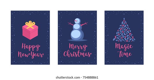 Vector set of three holiday cards on blue background. Pink gift box with yellow ribbon, smiling snowman, christmas tree decorate cards. Vector illustrations with isolated layers
