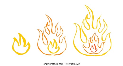 Vector set three icons fire in hand drawing style  Vector illustrations flame for games in hand drawing style 