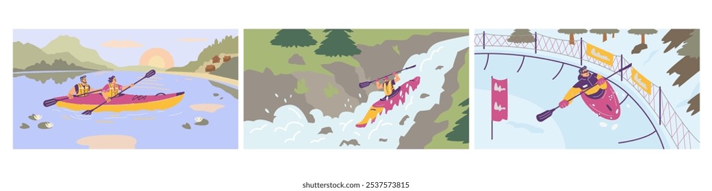 A vector set of three illustrations depicting a woman and a man kayaking: in a lake, down a river and in the snow. Active sports and outdoor adventures.