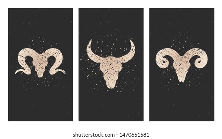 Vector set of three illustrations with gold silhouettes skulls bull, rams and grunge elements on black background. For you design, print, tattoo or magic craft.