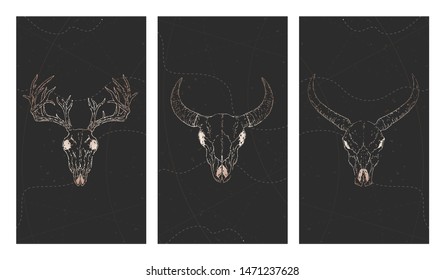 Vector set of three illustrations with gold skulls deer, bull, buffalo and grunge elements on black background. For you design, print, tattoo or magic craft.