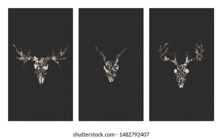 Vector set of three illustrations with gold silhouettes skulls deer, moose and grunge elements on black background. For you design, print, tattoo or magic craft.