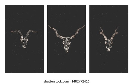 Vector set of three illustrations with gold silhouettes skulls antelopes, goat and grunge elements on black background. For you design, print, tattoo or magic craft.