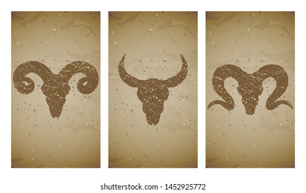 Vector set of three illustrations with grunge silhouettes skulls wild buffalo, bull and ram on old texture background. Vintage sketch in sepia color. For you design, print, tattoo or magic craft.