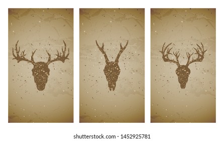 Vector set of three illustrations with grunge silhouettes skulls stag and roe deer on old texture background. Vintage sketch in sepia color. For you design, print, tattoo or magic craft.