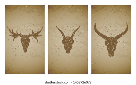 Vector set of three illustrations with grunge silhouettes skulls wild buffalo, moose and goat on old texture background. Vintage sketch in sepia color. For you design, print, tattoo or magic craft.
