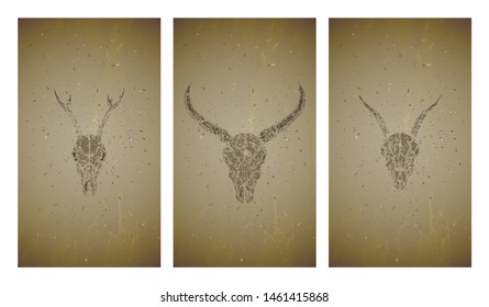 Vector set of three illustrations with grunge silhouettes skulls wild buffalo, goat and roe deer on old texture background. Vintage sketch in sepia color. For you design, print, tattoo or magic craft.