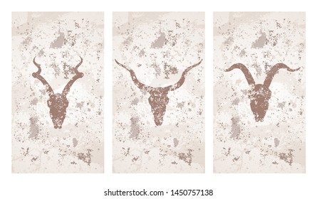 Vector set of three illustrations with hand drawn silhouettes skulls antelopes and goat on grunge texture background. Vintage sketch in beige color. For you design, print, tattoo or magic craft.