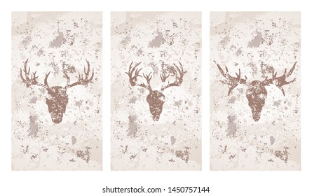 Vector set of three illustrations with hand drawn silhouettes skulls deer and moose on grunge texture background. Vintage sketch in beige color. For you design, print, tattoo or magic craft.