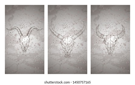 Vector set of three illustrations with hand drawn skulls wild buffalo, bull and goat on grunge texture background. Vintage sketch in dark color. For you design, print, tattoo or magic craft.