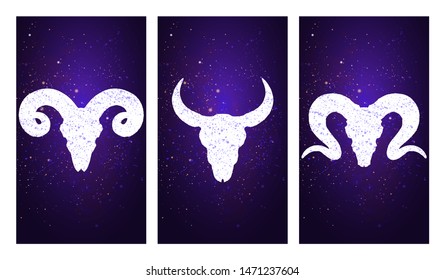 Vector set of three illustrations with silhouettes skulls bull and rams on purple starry sky background. In blue color. For you design, print, tattoo or magic craft.