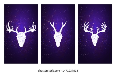 Vector set of three illustrations with silhouettes skulls deer on purple starry sky background. In blue color. For you design, print, tattoo or magic craft.