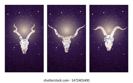 Vector set of three illustrations with silhouettes skulls antelopes and goat on purple starry sky background. In blue color. For you design, print, tattoo or magic craft.