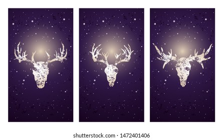 Vector set of three illustrations with silhouettes skulls deer and moose on purple starry sky background. In blue color. For you design, print, tattoo or magic craft.