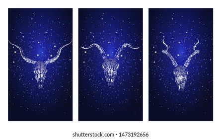 Vector set of three illustrations with silhouettes skulls antelopes and goat on blue starry sky background. In blue color. For you design, print, tattoo or magic craft.