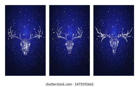 Vector set of three illustrations with silhouettes skulls deer and moose on blue starry sky background. In blue color. For you design, print, tattoo or magic craft.
