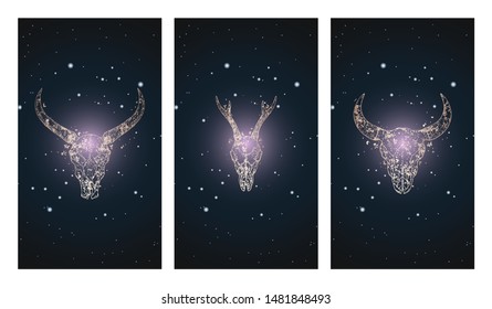 Vector set of three illustrations with silhouettes skulls roe deer, buffalo and bull against the background of the starry sky. In purple color. For you design, print, tattoo or magic craft.