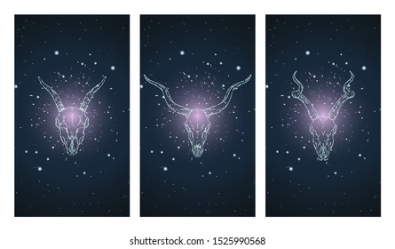 Vector set of three illustrations with silhouettes skulls antelopes and goat on blue and pink starry sky background.  In blue color. For you design, print, tattoo or magic craft.
