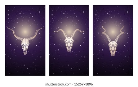 Vector set of three illustrations with silhouettes skulls antelopes and goat and moose against the background of the starry sky. In purple color. For you design, print, tattoo or magic craft.