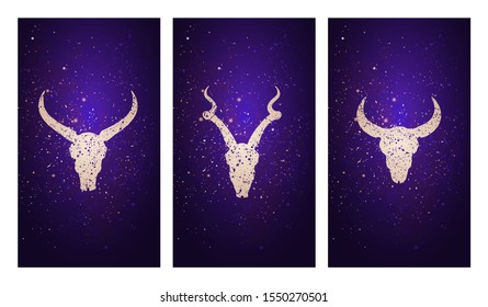 Vector set of three illustrations with silhouettes skulls antelope, buffalo and bull against the background of the starry sky. In purple color. For you design, print, tattoo or magic craft.