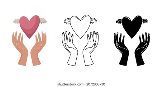 Vector set with three illustrations of a woman holding a heart under her hands. Hand gestures. Simple style, outline and flat style illustrations.