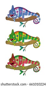 Vector set of three images colorful chameleons, painted ornament
