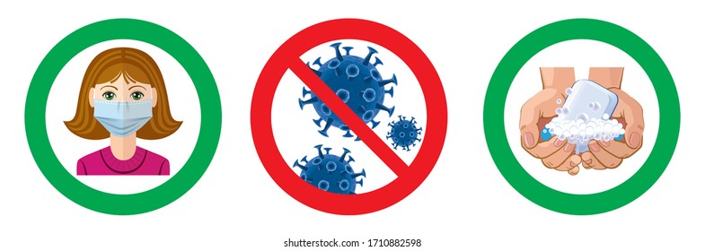 Vektorillustration mit drei Bildern zum Thema Coronavirus: Händewaschen, Stopp-Schild-Virus und Mädchen in einer medizinischen Maske