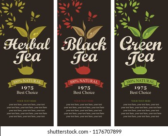Vector set of three labels for black, green and herbal tea with a pattern of tea leaves and teapots, with place for text on a black background in retro style.