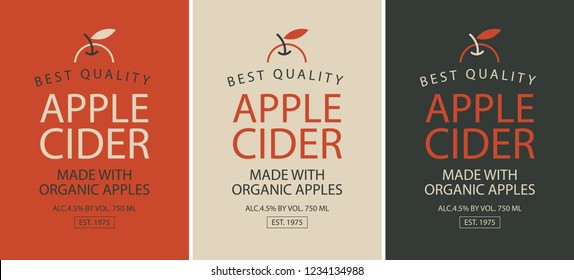 Vector set of three labels of different colors for Apple cider with apple