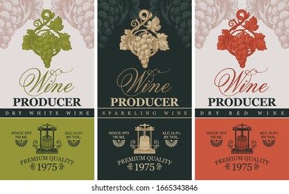 Vector set of three labels for wine with hand-drawn bunches of grape, wine press and calligraphic inscription in retro style. Collection of labels for different types of wines