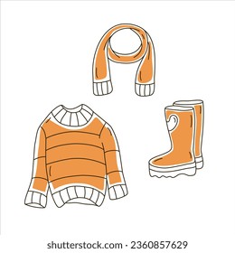 Conjunto vectorial de tres líneas ilustraciones otoñales de telas con relleno parcial.