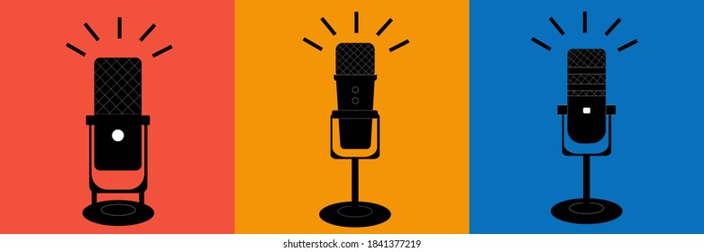 Vector set of three microphone banners. Podcast and radio theme.