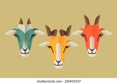 Vector set of three modern creative flat design shaded goat face icons | Three different goat heads with horns isolated